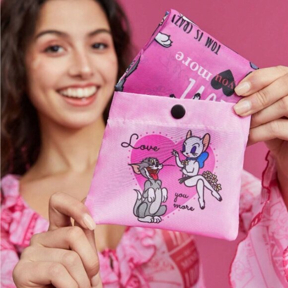Tom & Jerry Reusable Tote Bag Packable Pink Love You More NWT - Picture 4 of 5